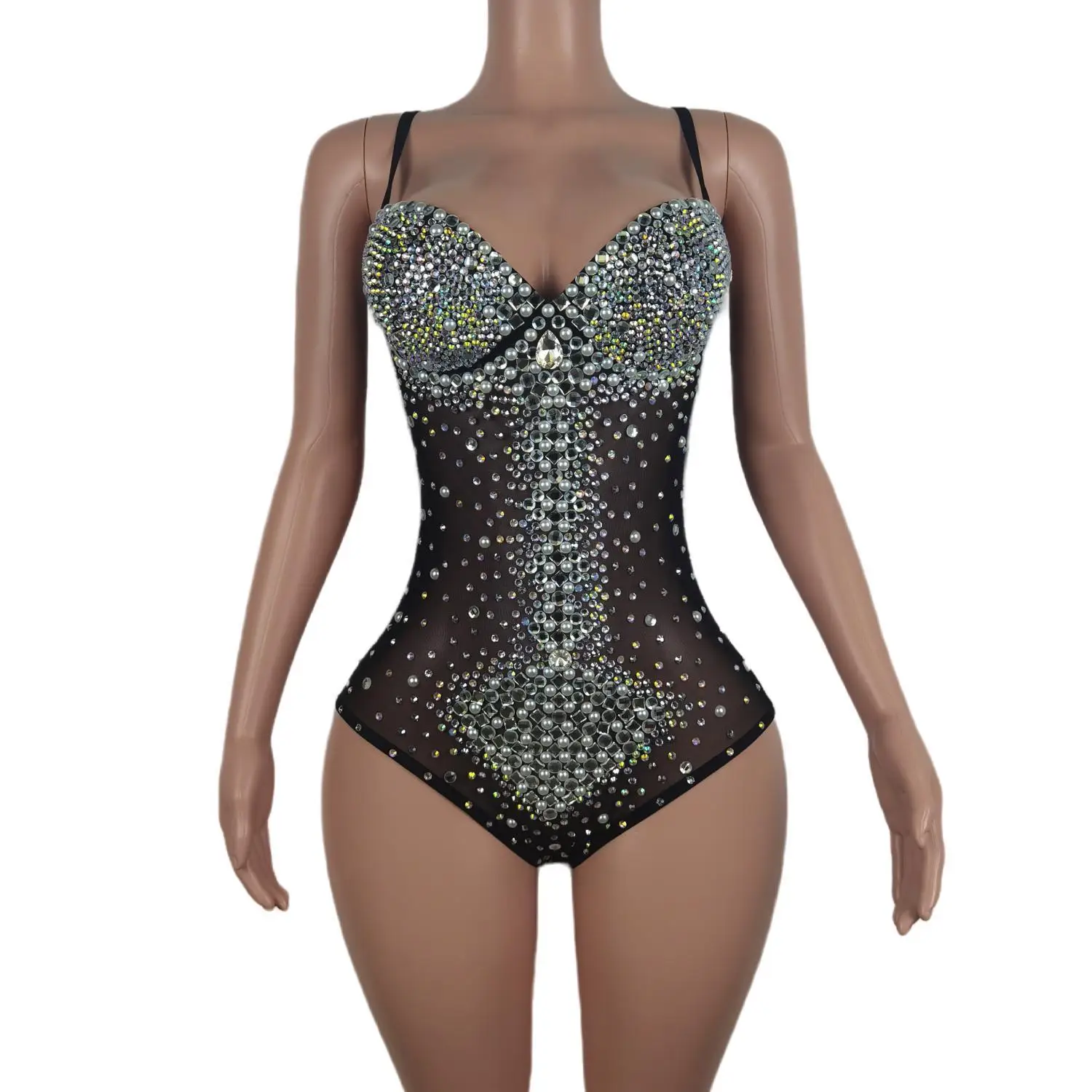 Mono elástico con perlas de diamantes de imitación para mujer, traje Sexy para cantante, baile, ropa de club nocturno, disfraz de actuación de