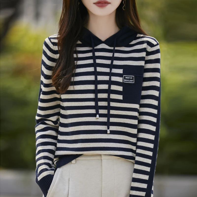 

Autumn Winter New Knitted Sweater Women Hooded Long Sleeved Pullover Loose Striped Contrasting Fashionable Thick Knitted Sweater