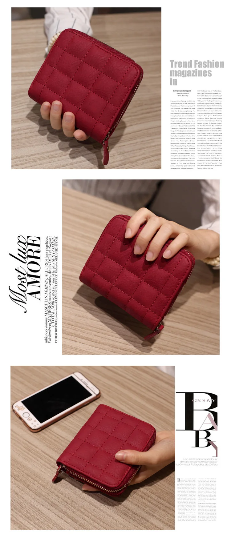 Frauen Kurze Brieftaschen PU Leder Weibliche Plaid Nubuk Karte Halter Brieftasche Luxus Marke Damen Kleine Zipper Brieftasche Mit Geldbörse – Detail 3