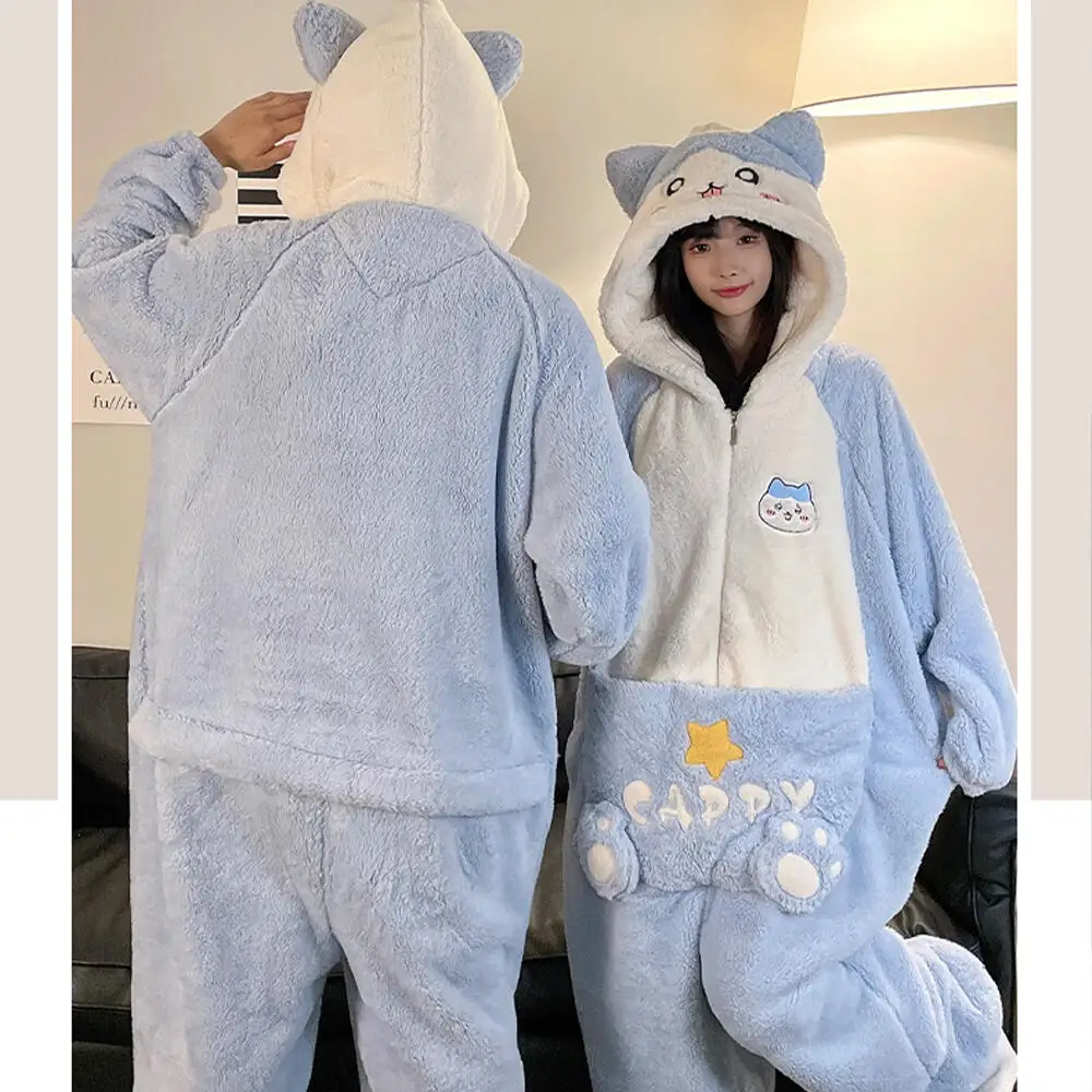Anime chiikawa novos casais de inverno pijamas de uma peça de pelúcia casal saco de dormir flanela siamês homewear inverno dos desenhos animados pijamas
