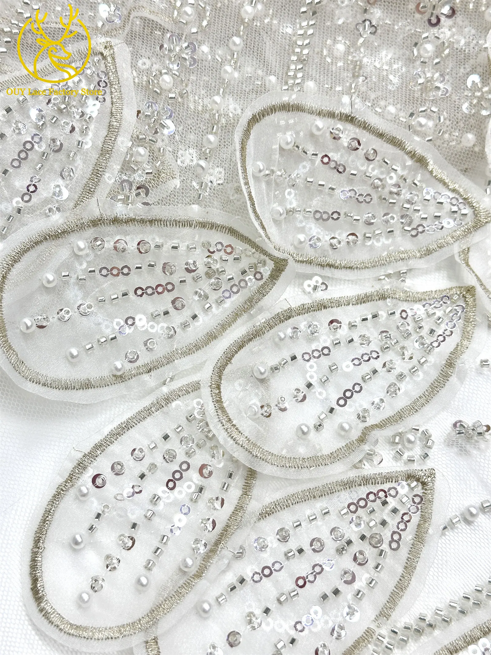 Luxuriöser afrikanischer Perlen-Pailletten-Spitzenstoff 2026 Hochwertige französische 3D-Stickerei Tüllspitze für nigerianische Hochzeitskleider zum Nähen 5Y – Detail 15