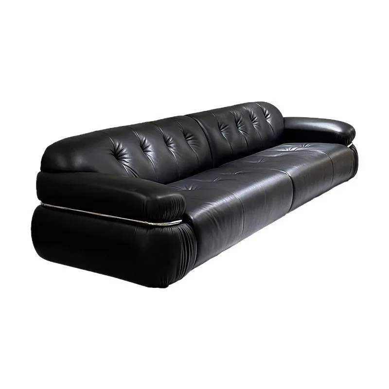 

French steel tooth sofa retro living room first layer cowhide brown sugar steel ring straight row three medieval cream wind