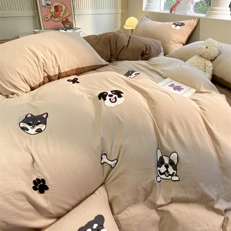 Cartoon Cute Dog Bedding Set Towel Embroidery Duvet Cover Queen Twin Size Khaki Comforter Covers with 2 Pillow Cases for Kids