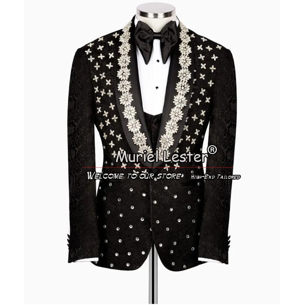 Beaded Groom Wedding Tuxedos Luxury Peaked Lapel Men Suits 3 Pieces Sets Dinner Party Male Prom Blazers Slim Vestido De Novia