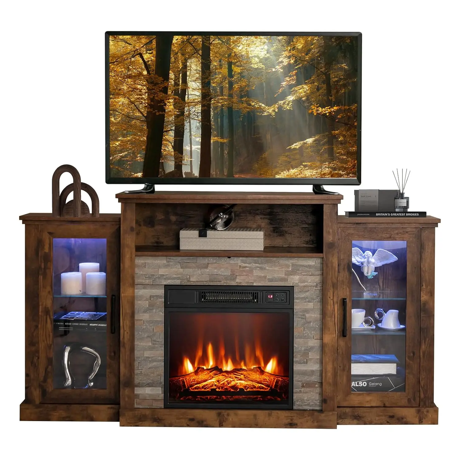 Electric Fireplace TV Stand 65 Inch TV 18-inch Insert APP Remote 16 Color Lights Wood Entertainment Center , Customized