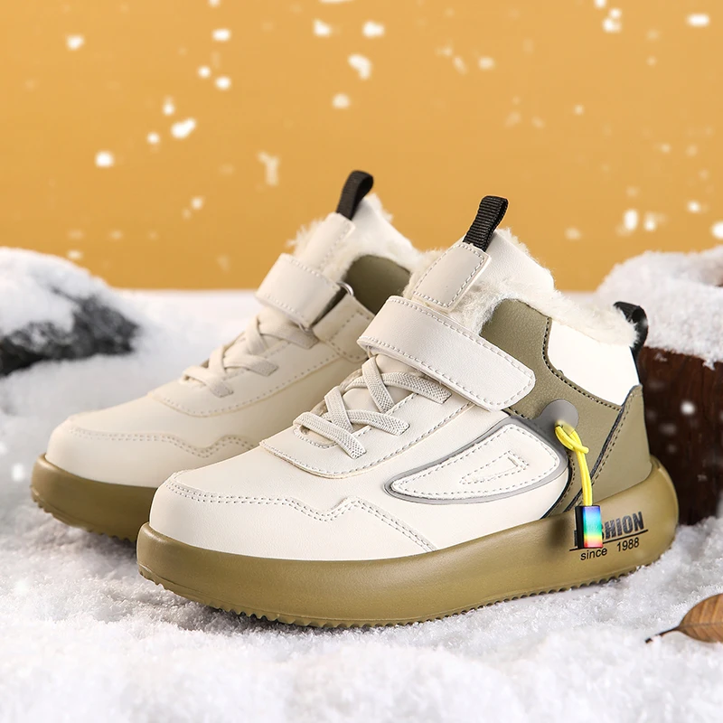 Kids Winter Hook-and-Loop Leather Ankle Boots | Warm Fleece Lined Casual Shoes, Non-Slip Insulated Booties for Boys Girls