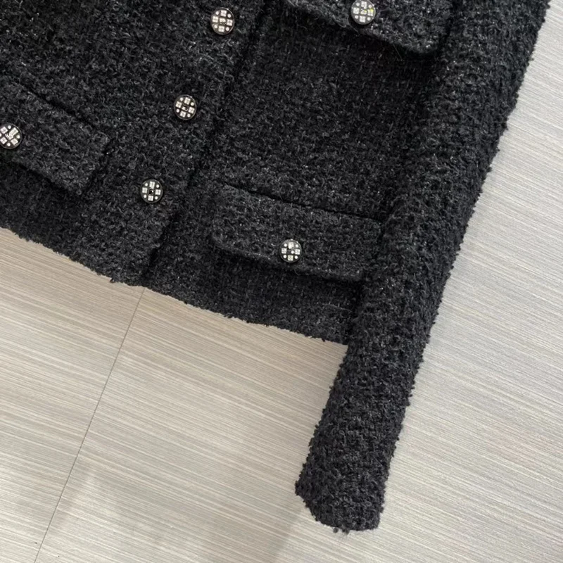 European and American women\'s wear 2024 winter new Round neck Long sleeve pocket single breasted fashion Black tweed jacket