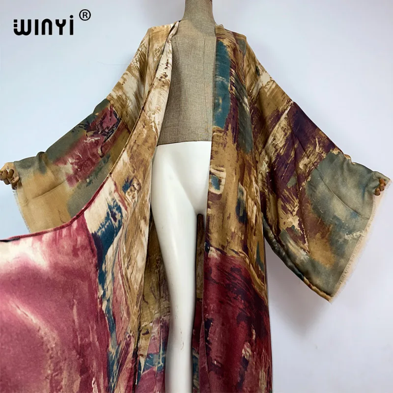 WINYI kimono new Oil print Bikini Cover-up Elegant beach outfits for women sexy cotton feeling vestidos para mujer dress kaftan