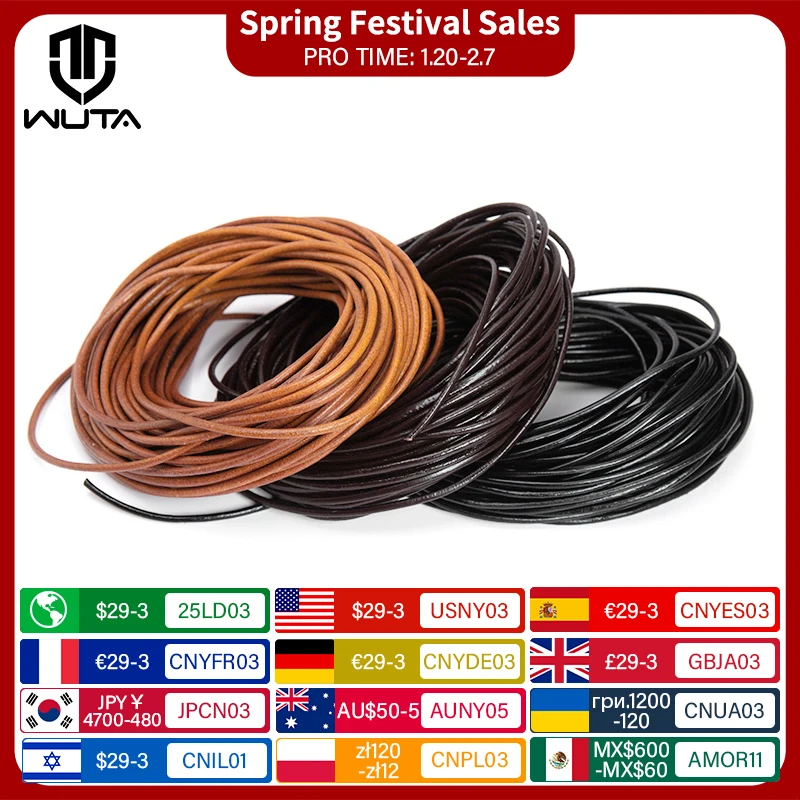 WUTA 2/5 Meters 100% Genuine Leather Cord Round Rope 1.5-6mm Leather Strap Strings Woven Rope Jewelry Necklace Bracelet Lace