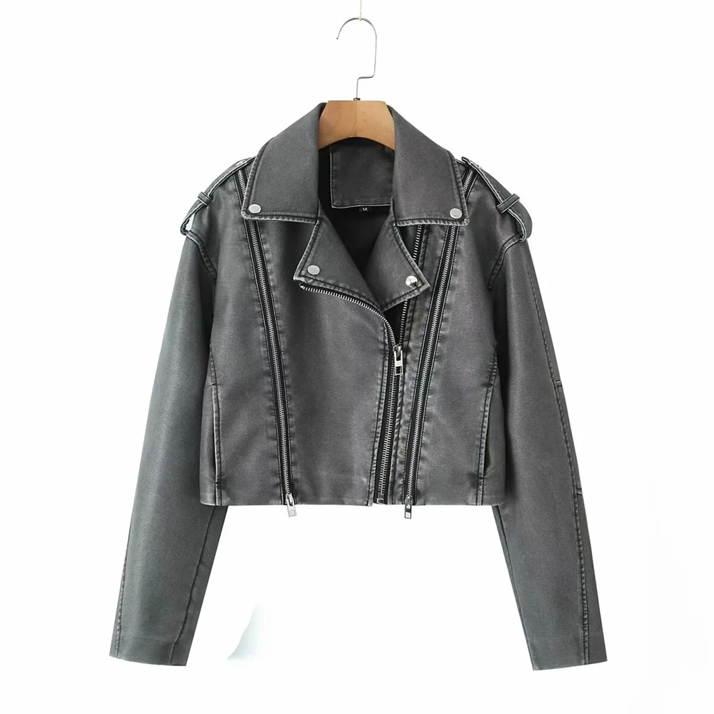 2024ZAR Spring/Summer New Women\'s Shorts with distressed effect faux leather motorcycle jacket jacket jacket leather jacket