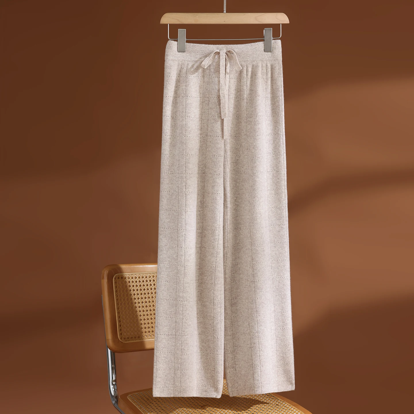 Women 100% Merino Wool Autumn Winter Grid Hollow Knit Wide Leg Trousers High Waist Drawstring Loose Straight Warm Thick Pants