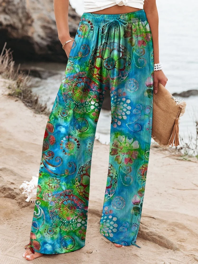 New Women's Fashionable Casual Pants 3D Marine Creature Print Holiday Beach Resort Style Wide-Leg Pants Women's Apparel