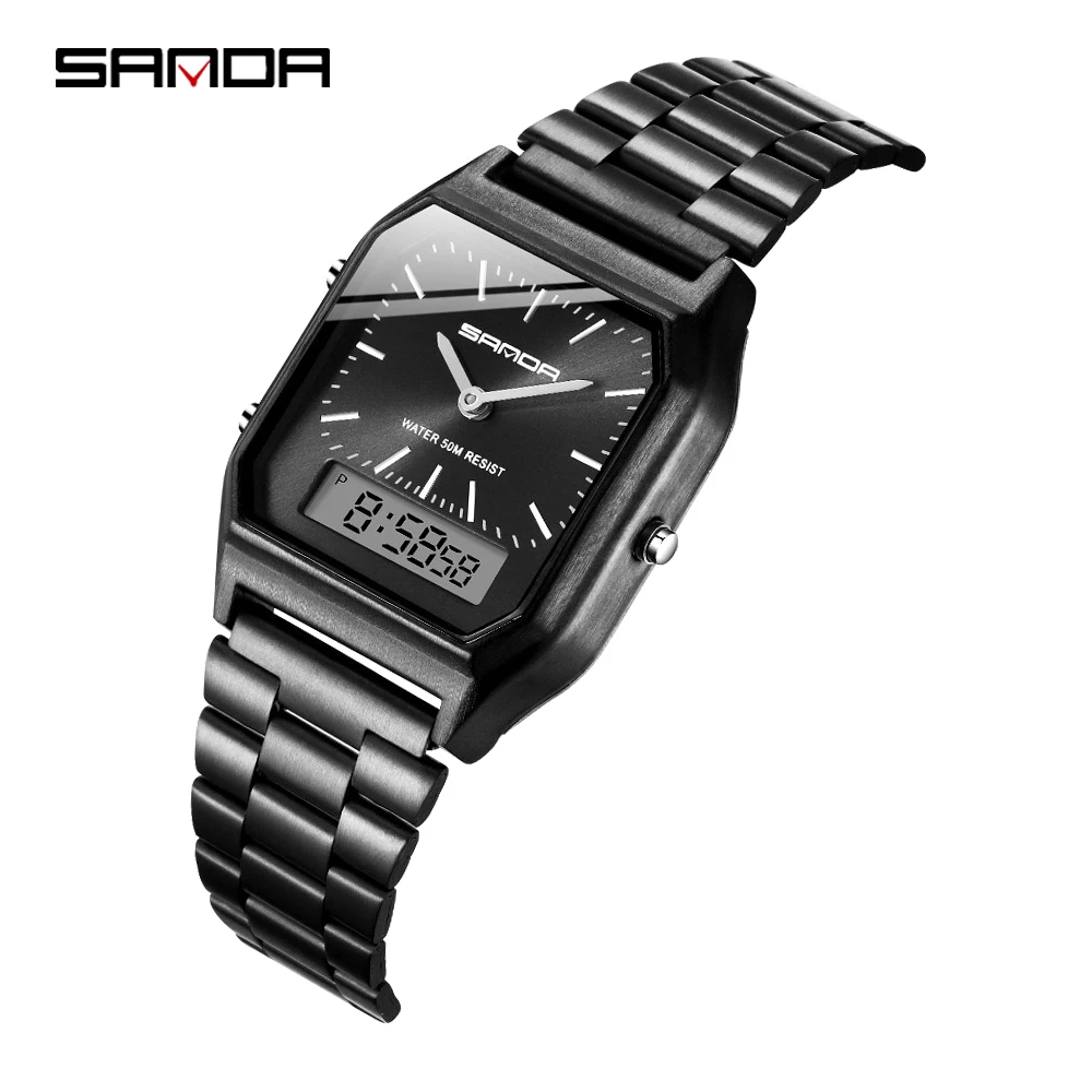 SANDA 747 Luxury Mens G Style Watches Stainless Steel Women LED Digital Dual Display Clock Unisex Waterproof Sports Quartz Watch