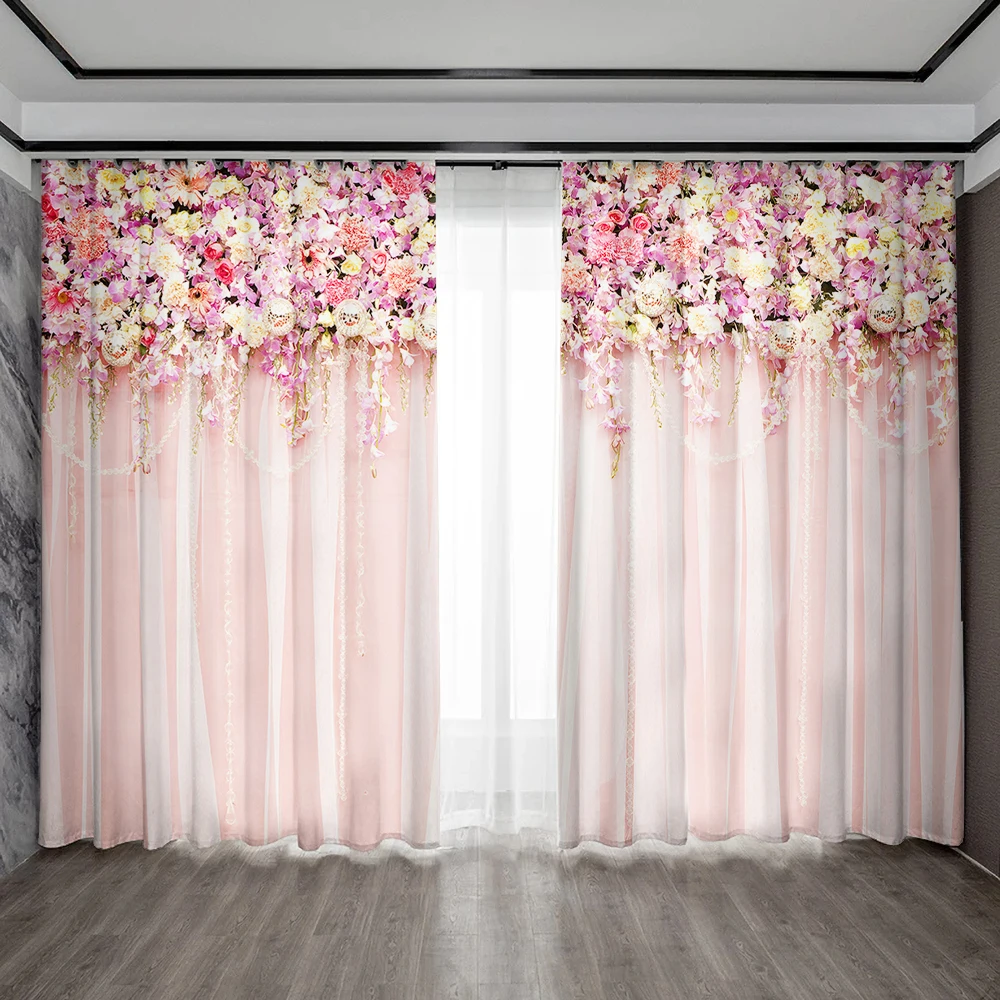 2PC Home Decoration Curtains With Dreamy Floral Background And Rod Pocket Curtains, Suitable For Kitchens, Cafes, Living Rooms