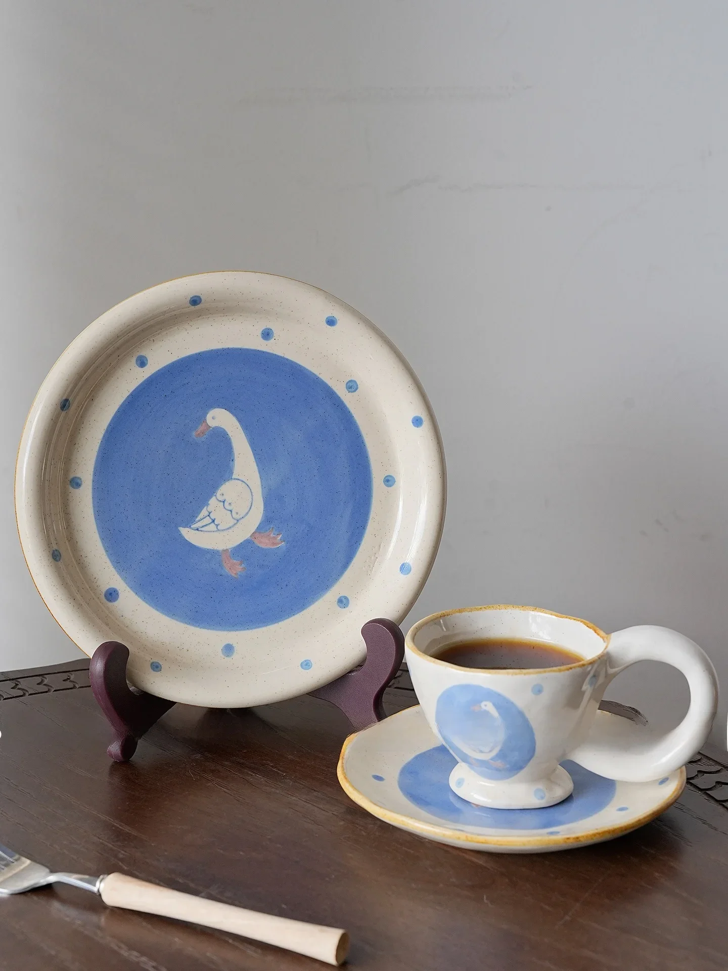 Retro Underglaze Polka Dot Starry  Goose Coarse Ceramics Breakfast Plate Dessert Pasta Bowl Double Ear Bowl Espresso Cup