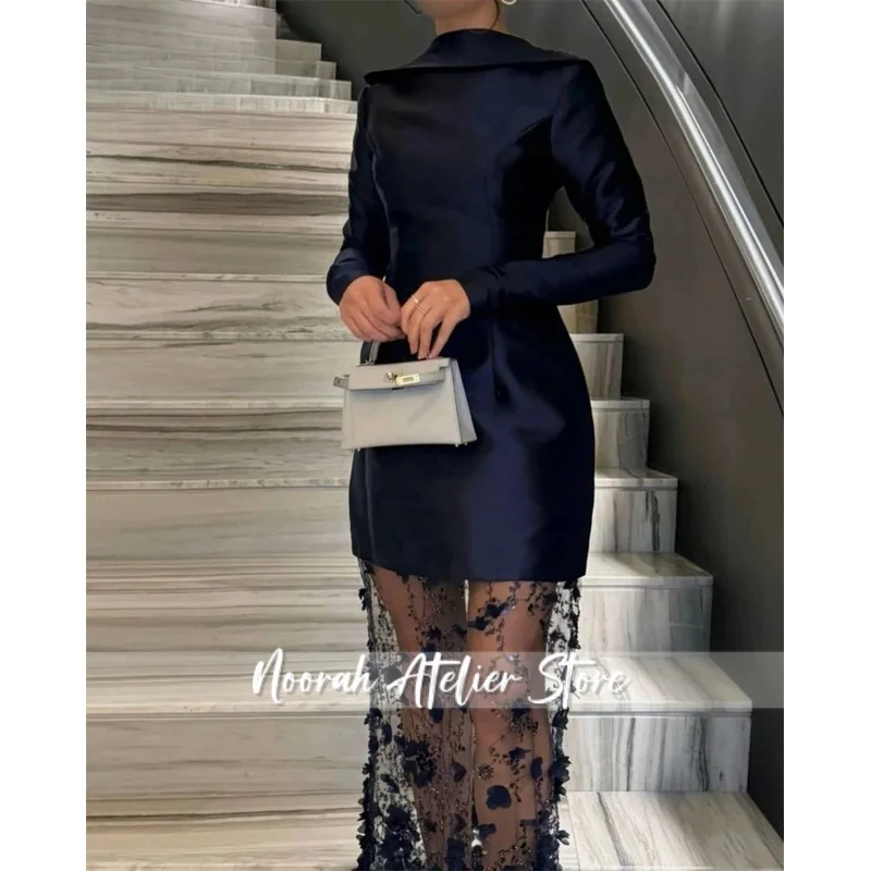 

Customized Sheath Ankle Length Evening Dress Scoop Satin Exquisite Lace Sequined Long Sleeves Modern Special Occasion Gowns