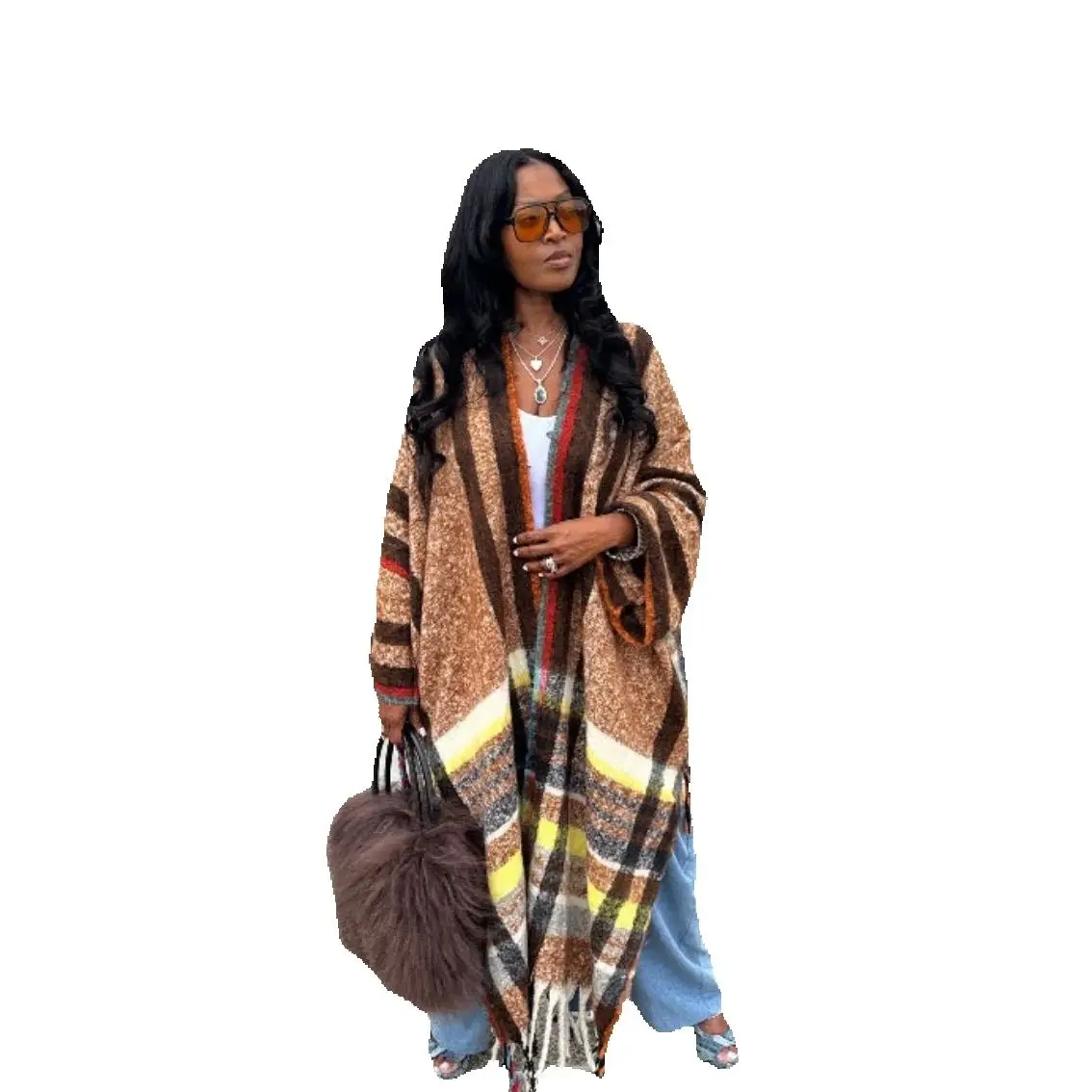 

African Women Popular Fuzzy Long Cardigans Oversize Winter Warm Loose Kimonos Riche Lady Outfits Duster Coat For Holiday