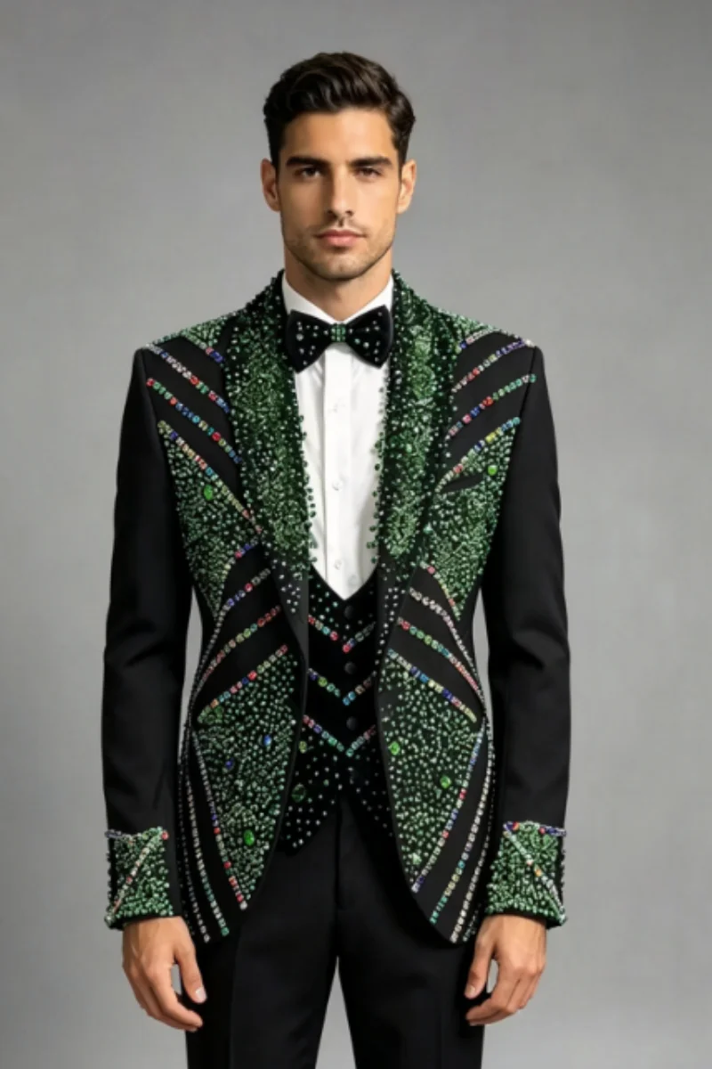 High-end Luxury Green Rhinestone Men Suits Customized Slim Fit Shawl Lapel Groom Wedding Tuxedos 2 Pieces Sets Ropa Hombre