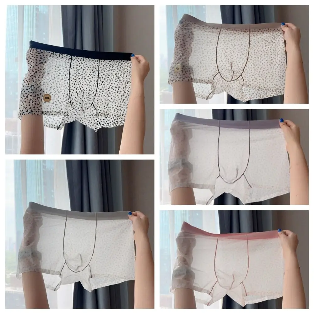 Calzoncillos Boxer elásticos de cintura alta para hombre, Boxers finos de leopardo transpirables de secado rápido, ropa interior transparente de sensación fresca para hombre de verano