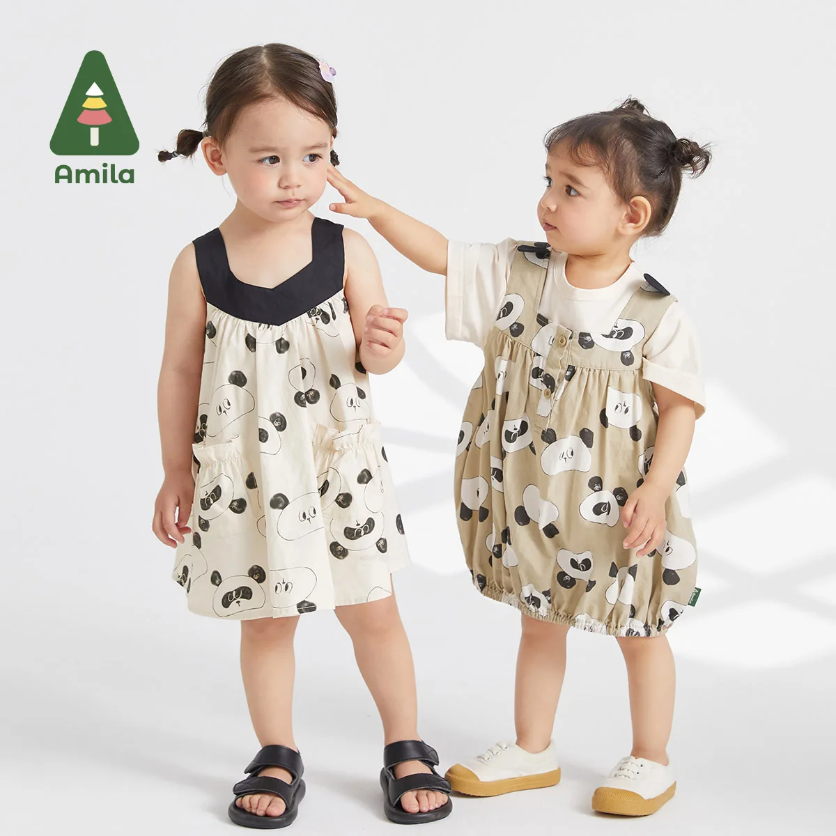 

Amila Baby Girl Dress 2023 Summer New 100% Cotton Cute Panda Pattern Irregular Collar Sstitching Children's Cling Dresses 0-6Y