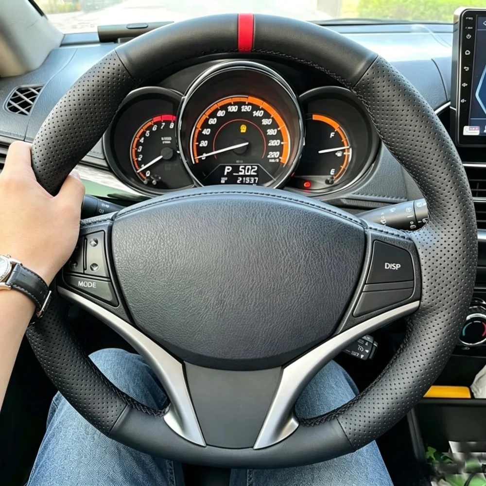 Auto Interior Accessories Hand Sewing Perforated Microfiber Leather 2014-2016 Steering Wheel Cover For Toyota Yaris Vios