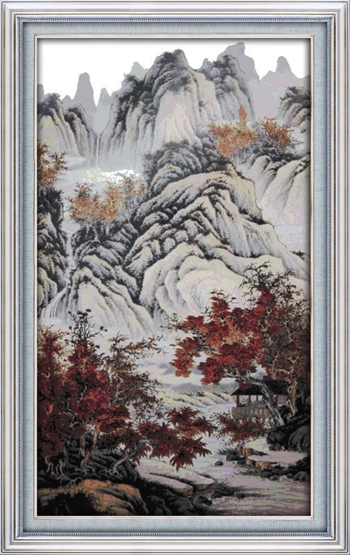 

Joy Sunday Pre-printed Cross Stitch Kit Easy Pattern Aida Stamped Fabric Embroidery Set-Autumn Mountains and Red Trees