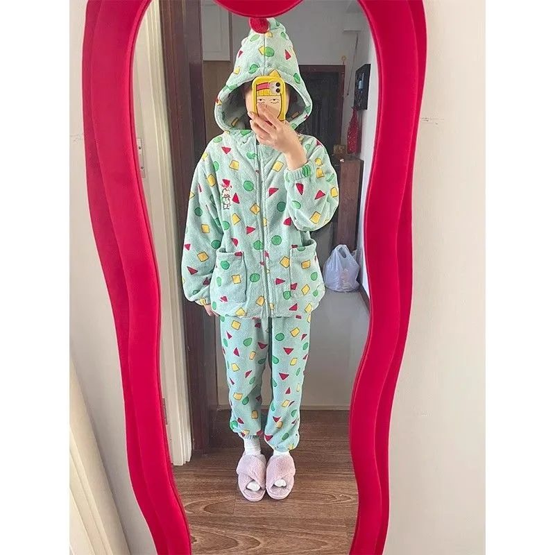 Girls Cute Crayon Shin-chan Coral Fleece Pajamas Womens Winter New Anime Kawaii Thickened Warm Home Clothing Two-piece Set Gifts