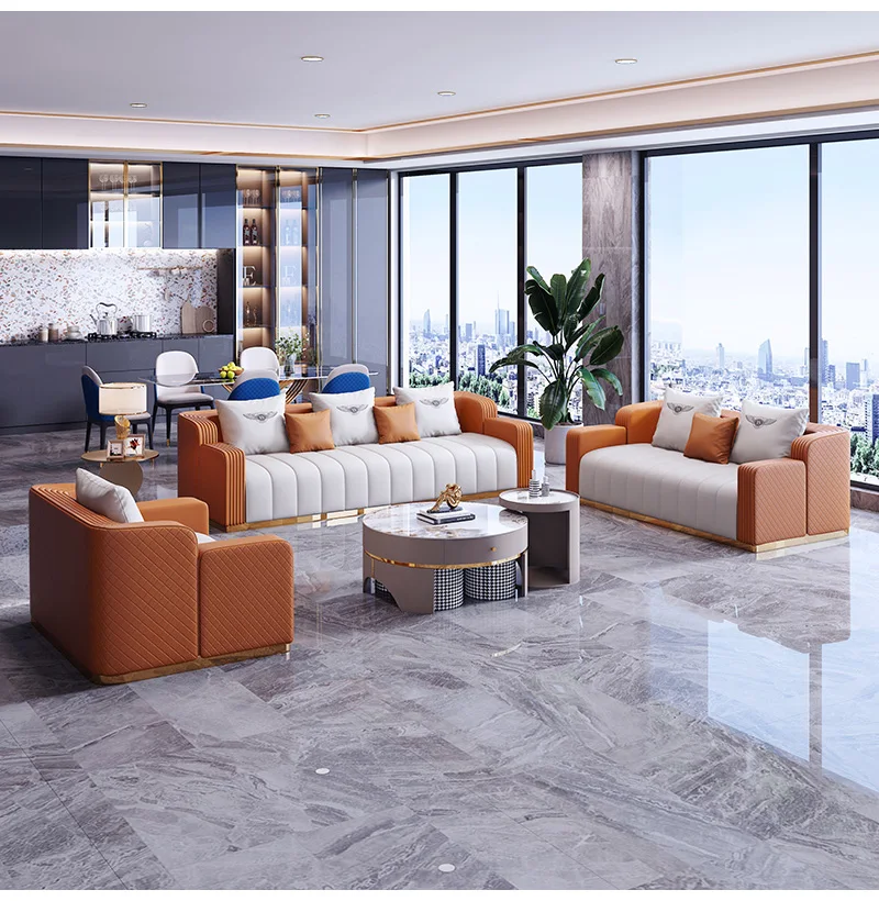 

Легкий роскошный кожаный диван, комбинированный современный минималистичный дизайн, элитный диван для трех или четырех человек, мебель для гостиной