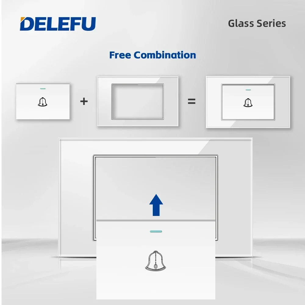 DELEFU Tempered glass panel Brazil Standard Switch Socket 118*72mm10A 20A Doorbell switch Doorbell Ding Dong Grey Black White Go