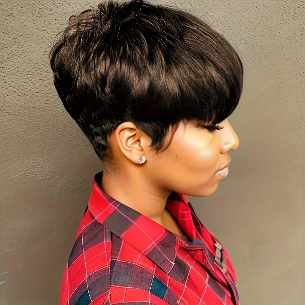 4 # 99J/1Bカラーのピクシーカットストレート人毛ウィッグ、女性用フルマシンメイドウィッグ、ショートレイヤードストレートウィッグ（前髪付き）