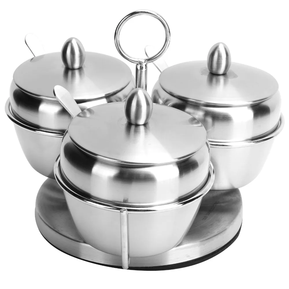 Stylish 304 Stainless Steel Seasoning Pot Set 370ML Capacity Silver Spice Jar Set with Lid and Spoon Condiment Container Kitchen