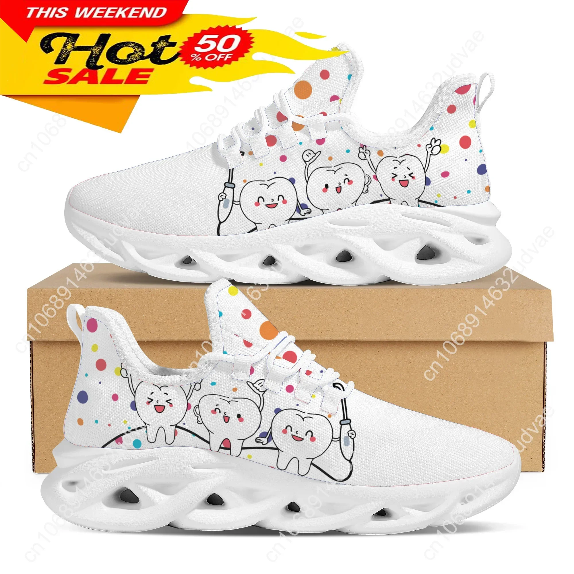 

New Trend Women Flats Cartoon Dentist Tooth Pattern Casual Shoes Breathable Mesh Female Sneakers Zapatos Mujer 2025
