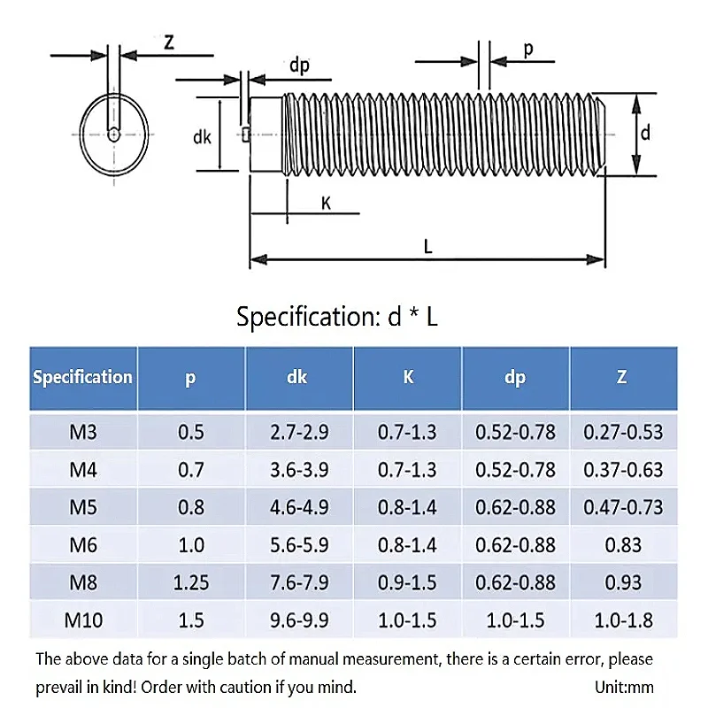 M3 M4 M5 M6 M8 M10 304 Stainless Steel Headless Spot Welding Screws Solder Point Bolt Weld Stud Length: 6–50 mm