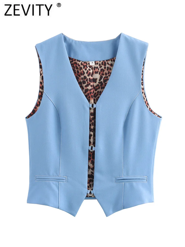 Zevity 2024 Women Sexy V Neck Linen Leopard Patchwork Short Vest Jacket Ladies Retro Cardigan Slim WaistCoat Crop Tops CT6322