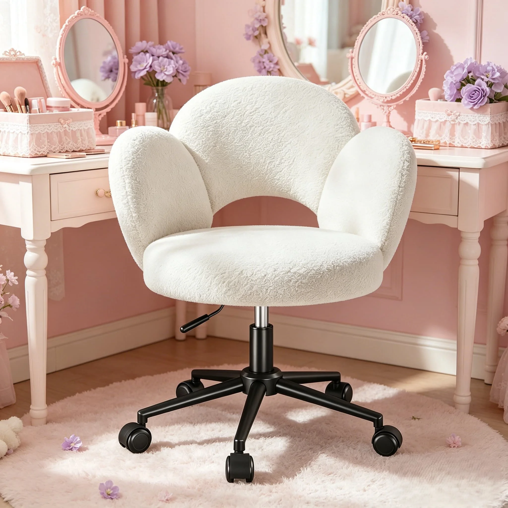 EnHomee Petal Vanity Chair, Height Adjustable Desk Chair with Wheels,Teddy Fabric Task Chair for Makeup Study