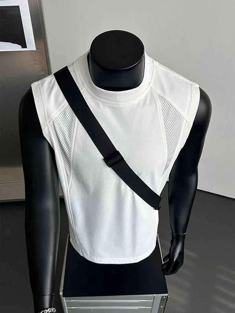 White Deconstructed Mesh Breathable Vest Quick Dry Outdoor Sports Sleeveless T-Shirt Shoulder Sweatshirt Fitness Training for...