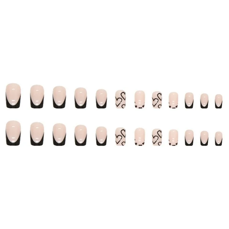 24 pz/set Black Heart Short acrilico Press on Nails Summer Medium Square unghie finte suggerimenti per unghie economici per ragazze unghie finte francesi