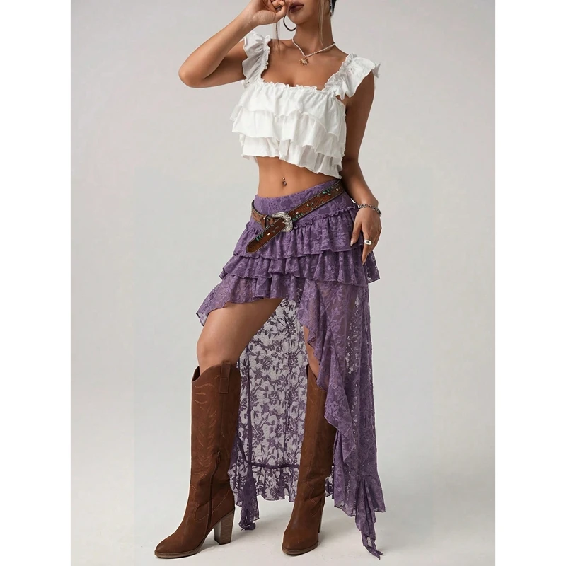 Women Y2k Layered Lace Long Skirt High Low Asymmetrical Ruffle Waterfall Coquette Skirt Boho Sheer Mesh Maxi Skirts