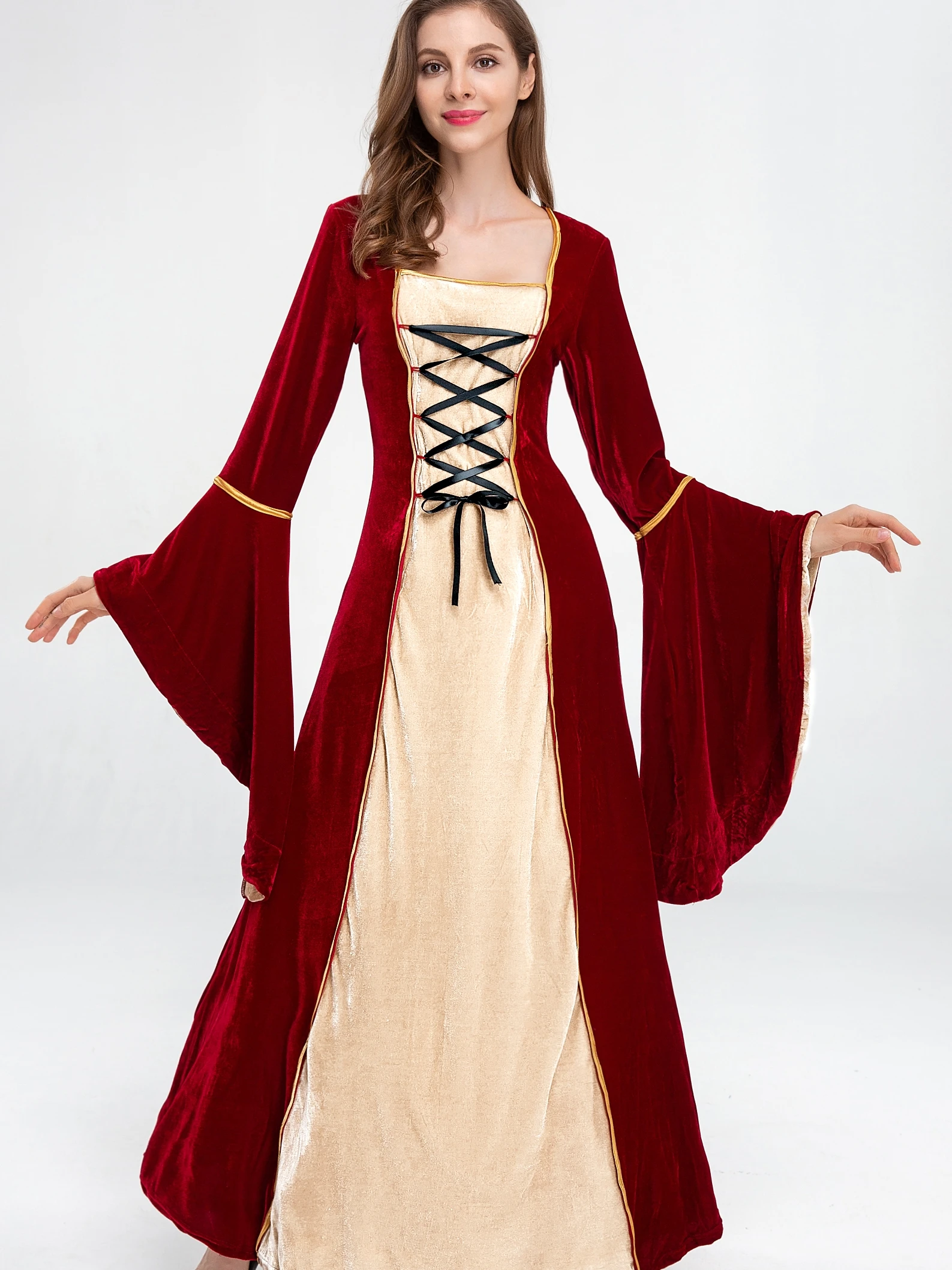 الرجعية المخملية تنورة طويلة لoween القرون الوسطى المحكمة زي جرس Sve زائد حجم المرأة العرقية المرحلة زي ثوب