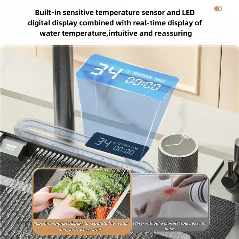 New Arrival Multi-function Gun Grey Waterfall Single Bowl Kitchen Sink Set Nano Stainless Steel Handmade Sink With Faucet