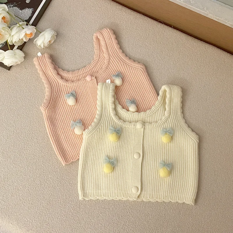Girls Knitted Vest Spring and Autumn New Korean Fashion Solid Color Cute Bow Knitted Vest Kids Clothes Girls