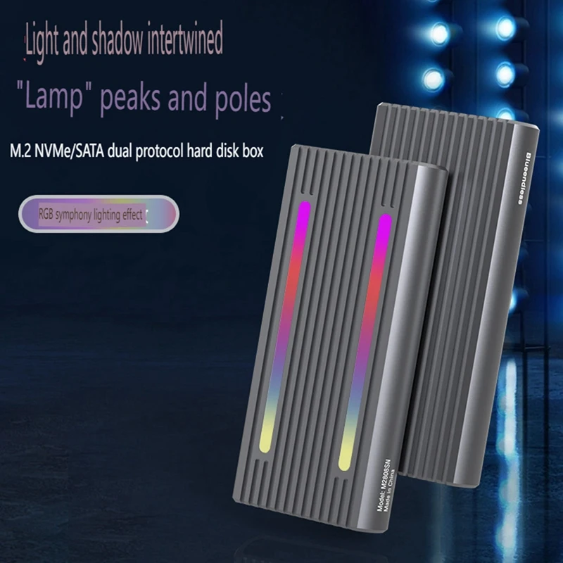 RGB Dual Protocol M.2 Hard Drive Enclosure Nvme/Ngff Universal Gen2 10Gbps Phantom Solid State Drive Enclosure Computer Parts