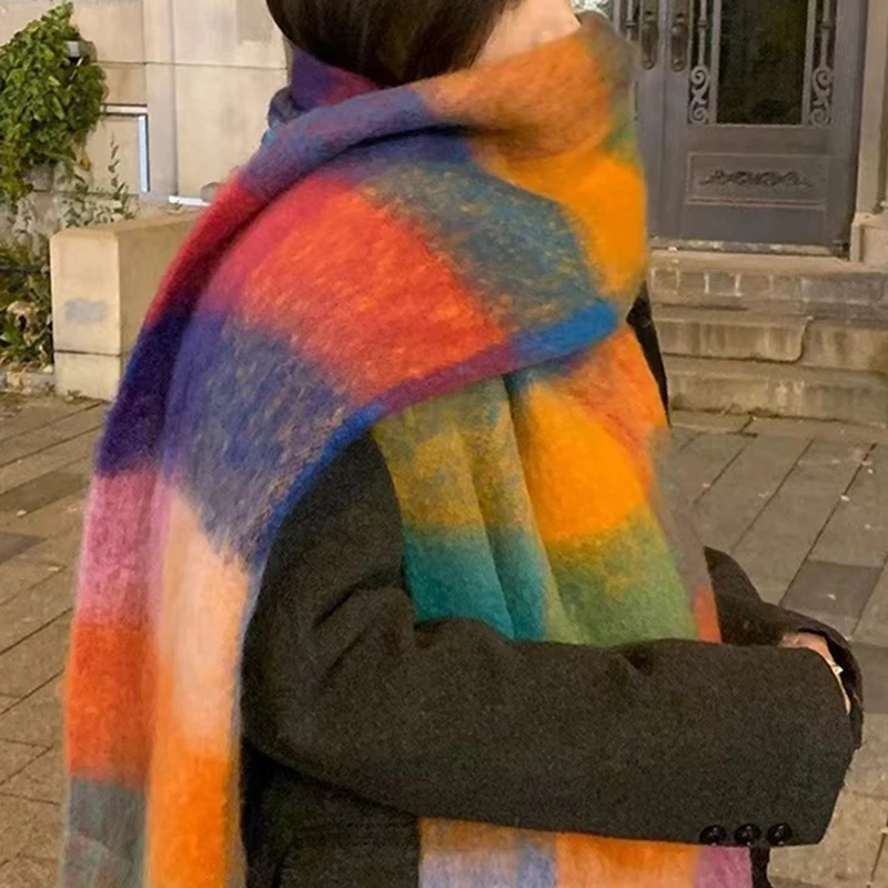 Rainbow Plaid Fashionable Tassel Shawl Scarf Winter Cold Resistant Warm Scarf For Women