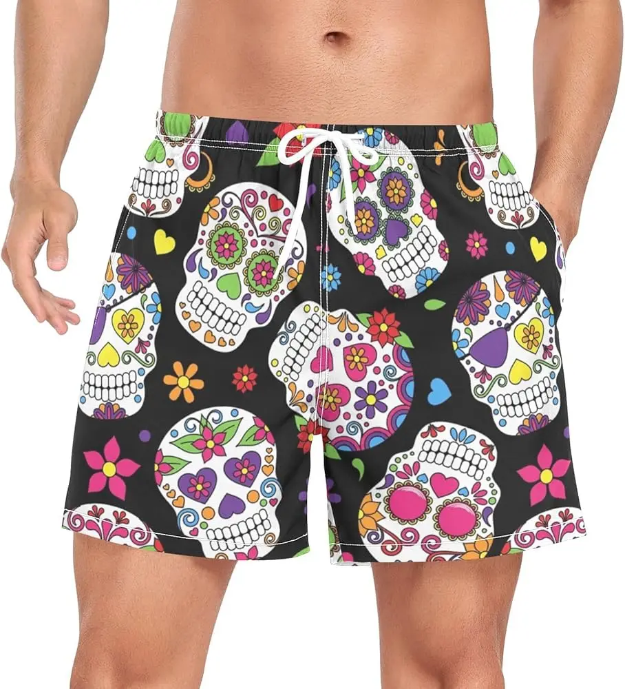 

Plus Size Mens Relaxed Fit Casual Sports Shorts Skull Print- Stretchy Polyester Fabric, Multiple Pockets, Machine Washable,
