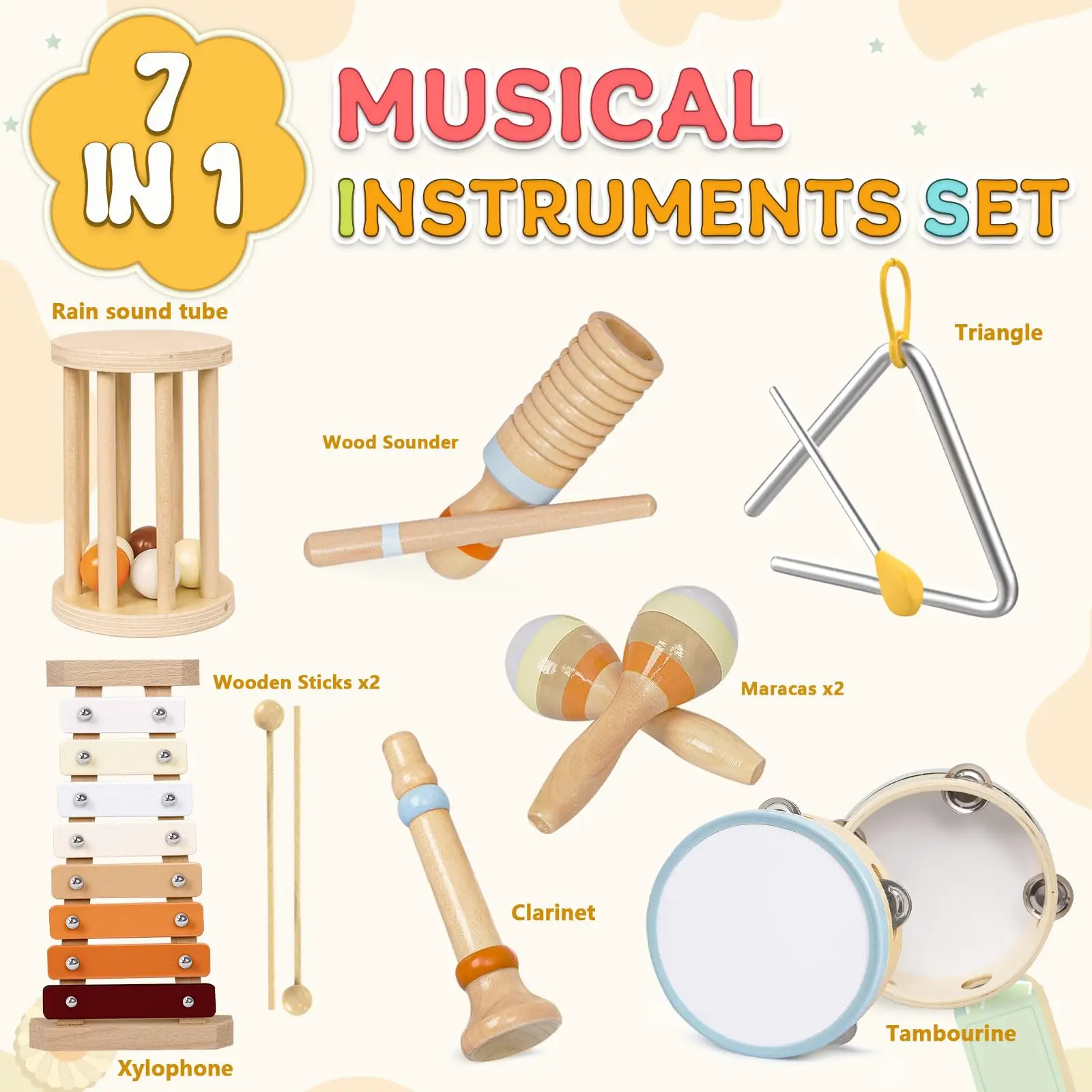 7Pcs Kleinkind Musical Instruments Montessori Holz Percussion Spielzeug Baby Frühen Vorschule Lernen Musik Xylophon Geschenk Spielzeug