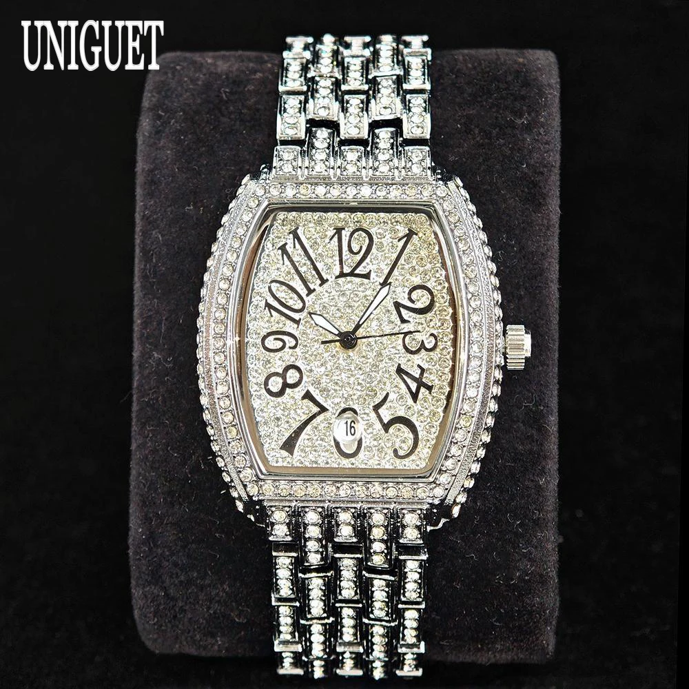 UNIGUET Diamond Watch For Women Luxury Stainless Steel Quartz Wrist Watch Elegant AAA Jewelry Tonneau Watch Ladies Hot Selling
