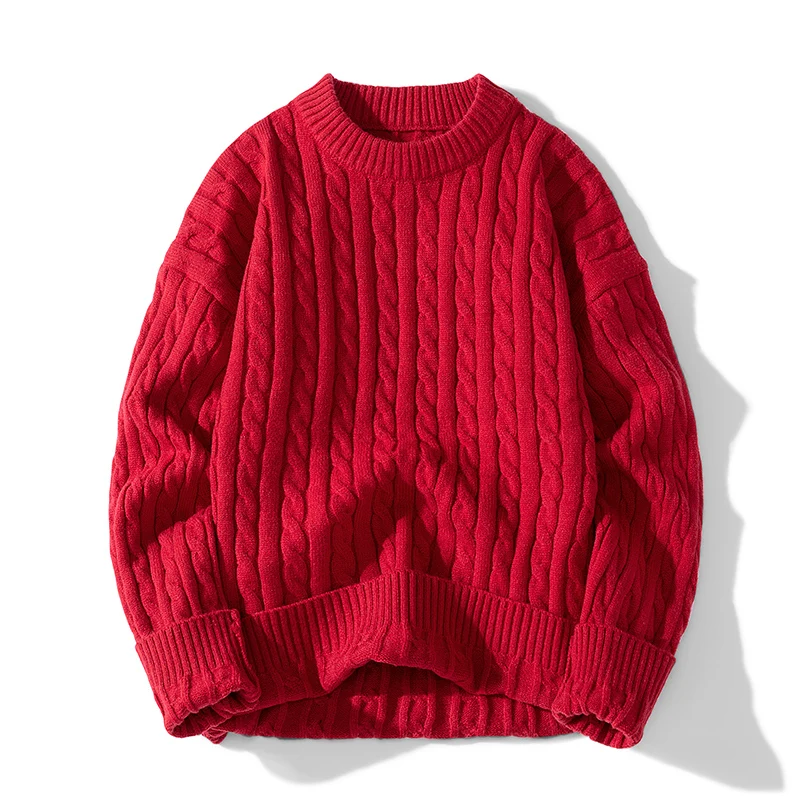 

Men's Round Neck Cable Twist Sweater Thickened Solid Color Loose Knitted Sweater