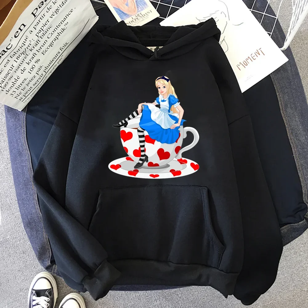 ديزني-الأميرة أليس الكرتون الرسم طباعة هوديس للنساء ، الجولة الرقبة البلوفرات ، بلوزات غير رسمية ، هاراجوكو ، شارع العليا ، Kawaii