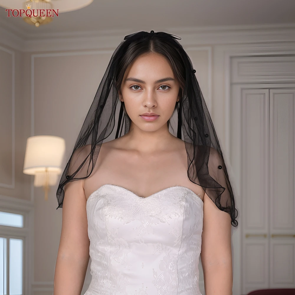 TOPQUEEN, elegante y dulce velo de perla negra, lazo corto, accesorio de boda para novia, tul suave negro Simple con peine V223