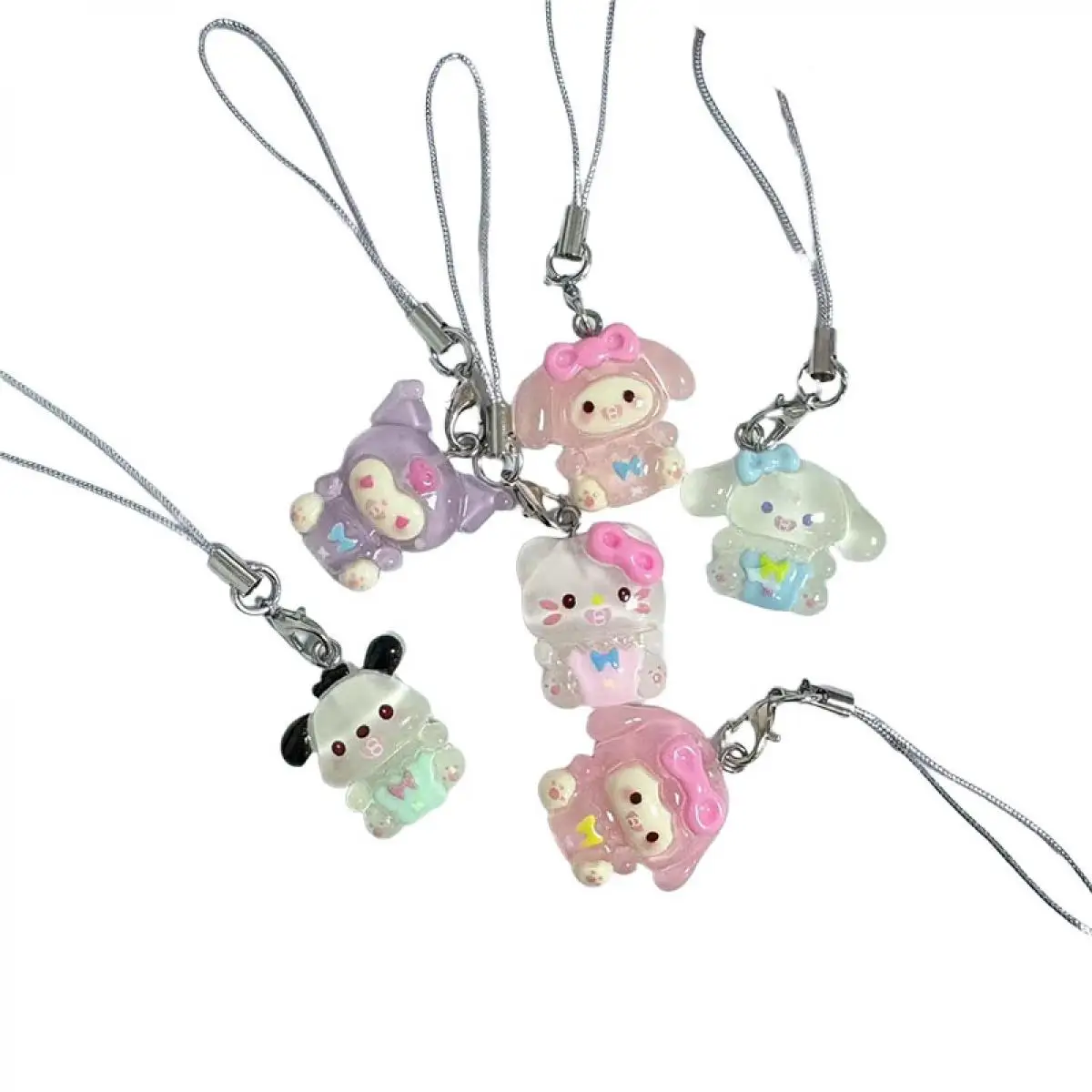 

Набор прозрачных смоляных подвесок Sanrio для телефона, 6 стилей, милые персонажи, брелок-ремешок для сумки, рюкзака, декор для девочек и подростков